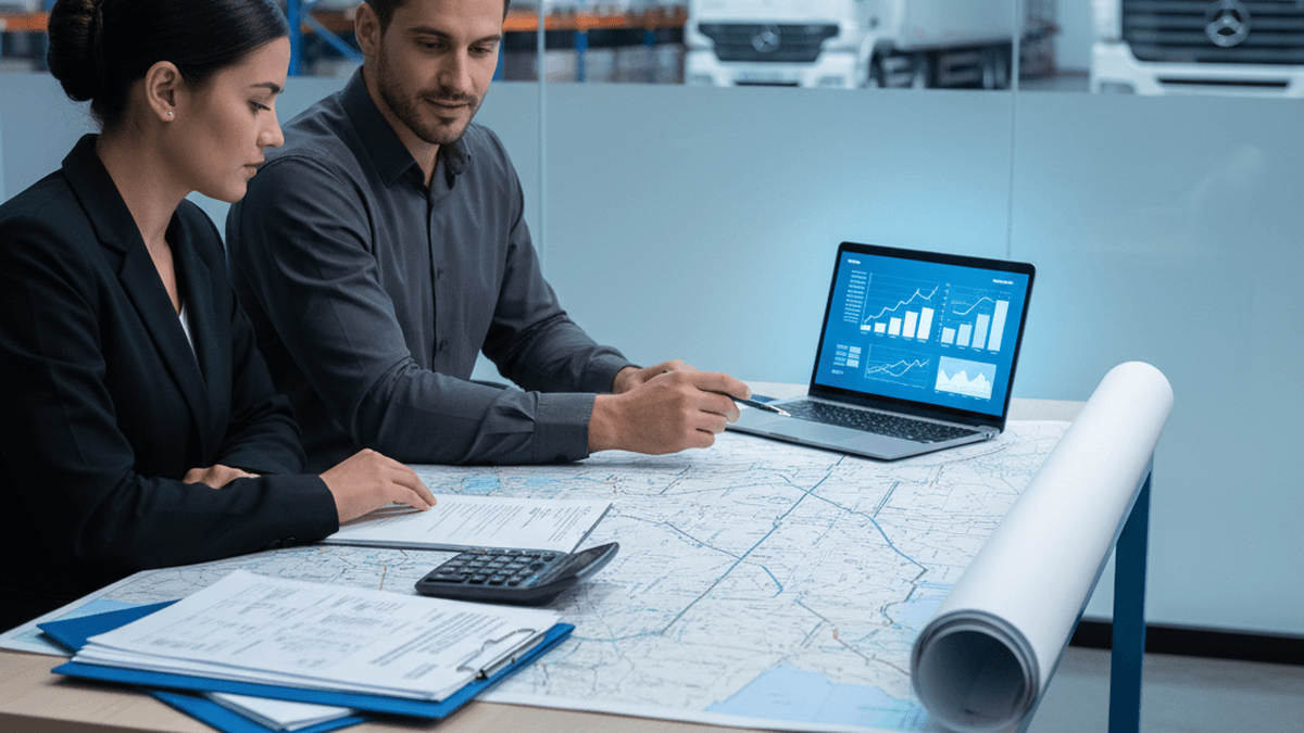 Equipo logístico revisando tarifas de flete, mapas de ruta y documentos en una mesa de trabajo